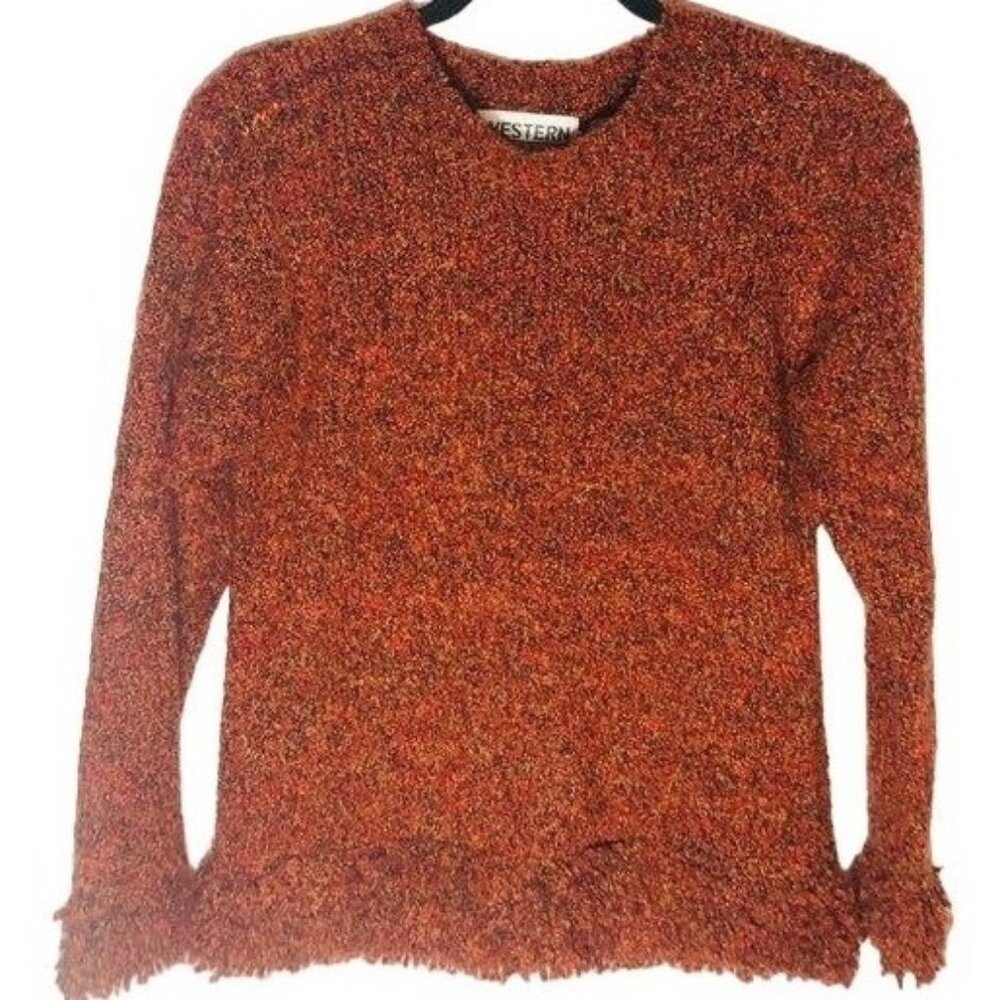 Western connection sweater knit orange fringe bottom crew long sleeve READ